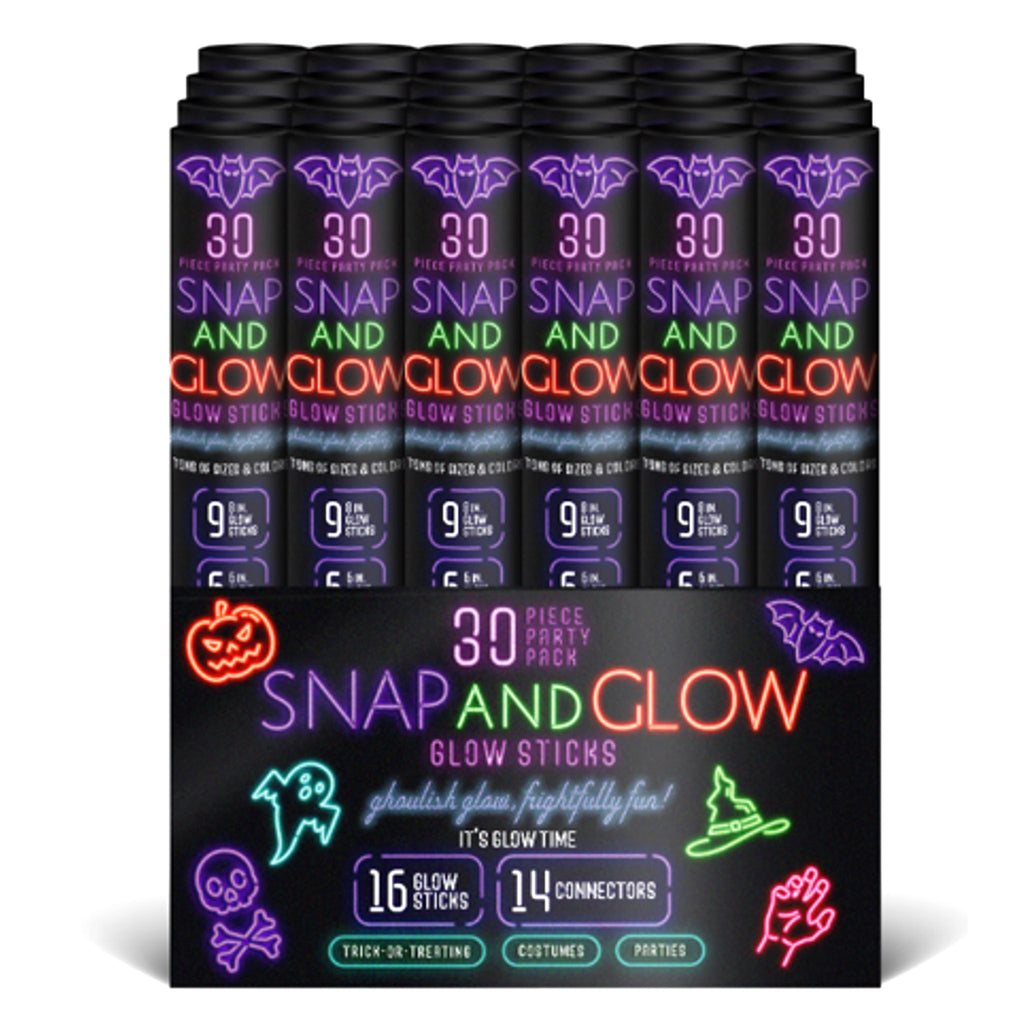 DM Merchandising Halloween Snap and Glow 30 Piece Glow Stick Set in tubes, shown in display carton.