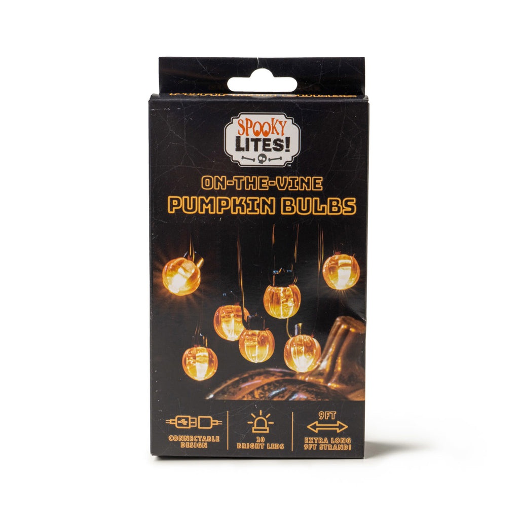 DM Merchandising Spooky Lites On-the-Vine Pumpkin Bulbs in box packaging.