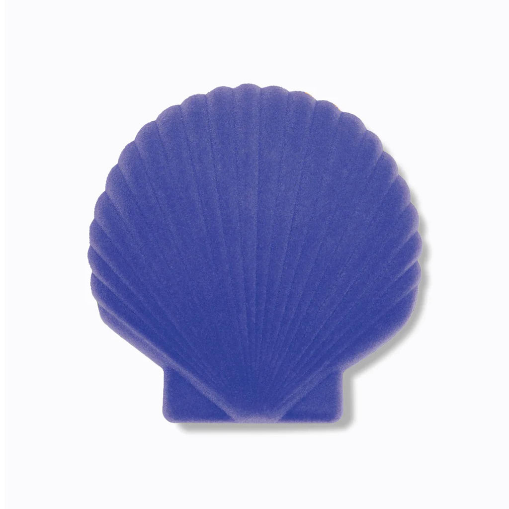 Purple shell-shaped jewelry case on a white background.