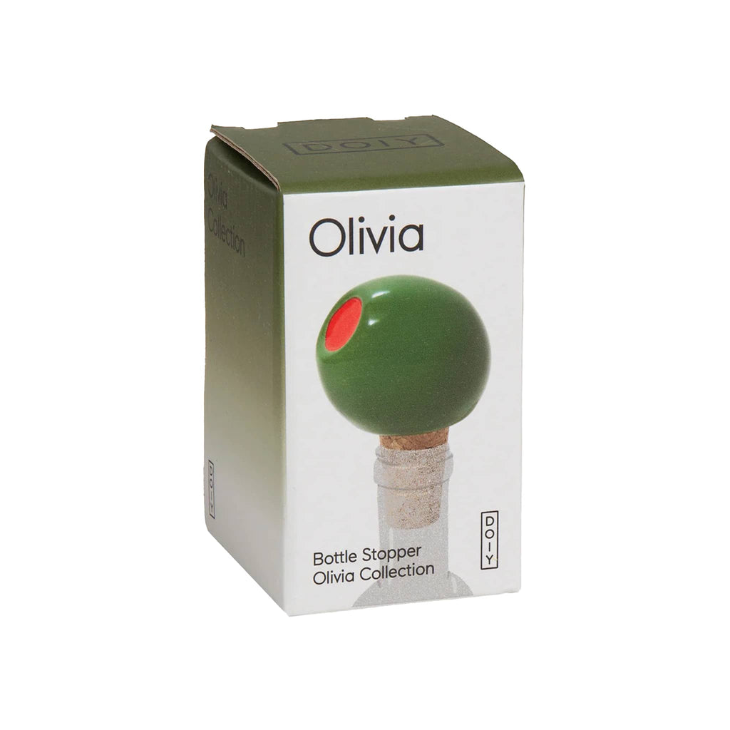 Olivia bottle stopper packaging on a white background.