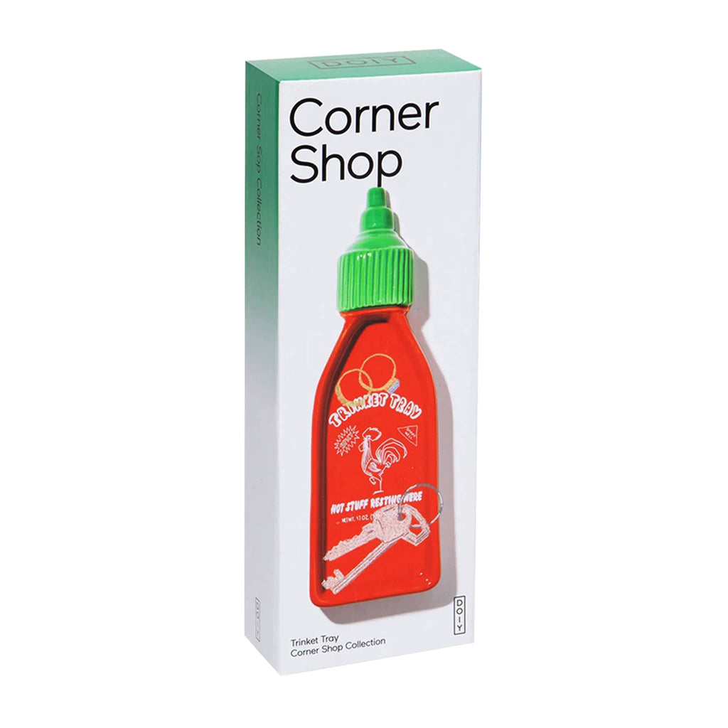 DOIY Corner Shop Collection Sriracha Trinket Tray in box packaging, front angle view.