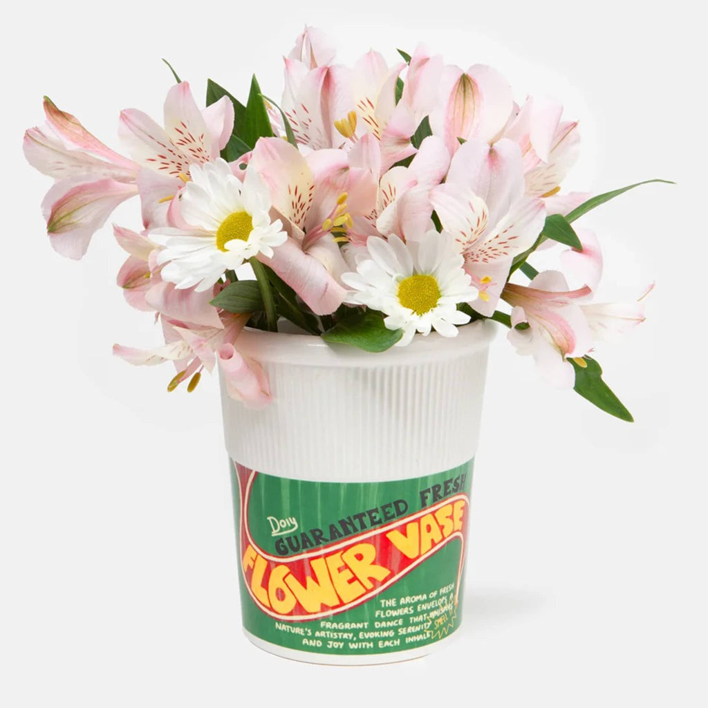 DOIY Corner Shop collection noodles cup vase with pink and white flowers.