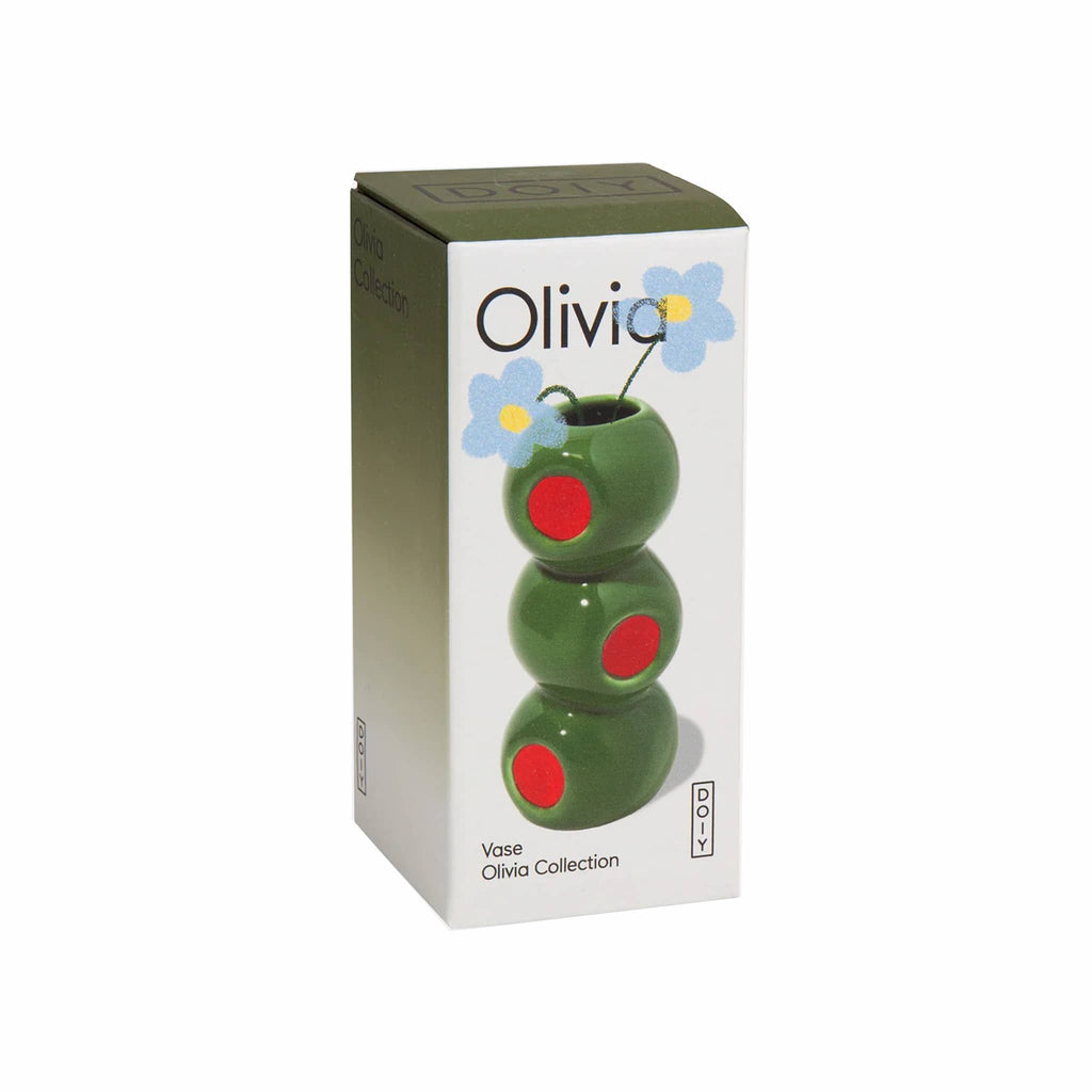Boxed stacked green olive vase with blue flowers on a white background.