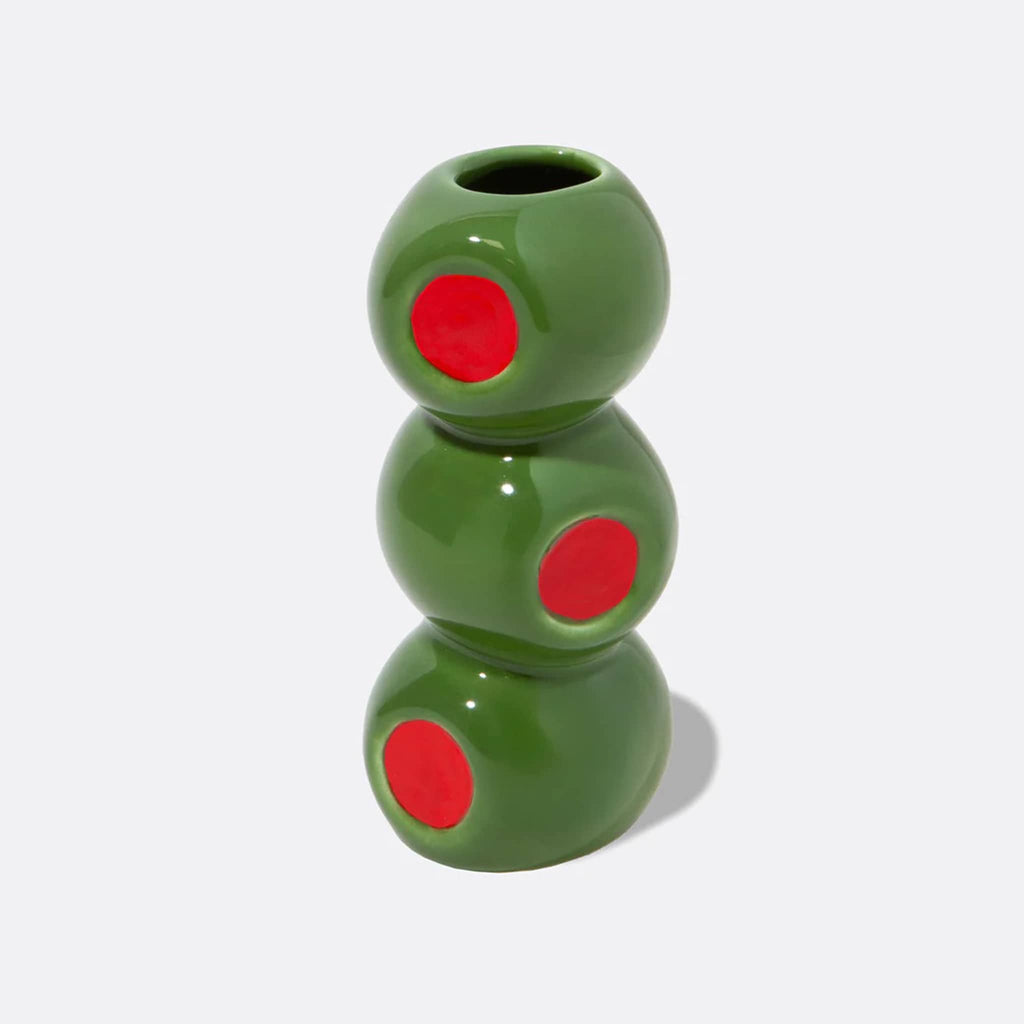 Ceramic vase that looks like 3 stacked olives on a white background.