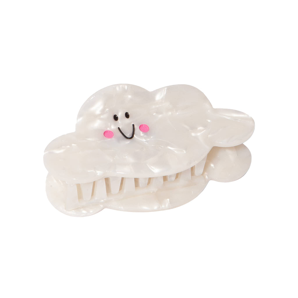 Cloud-shaped hair clip with a smiley face on a white background.