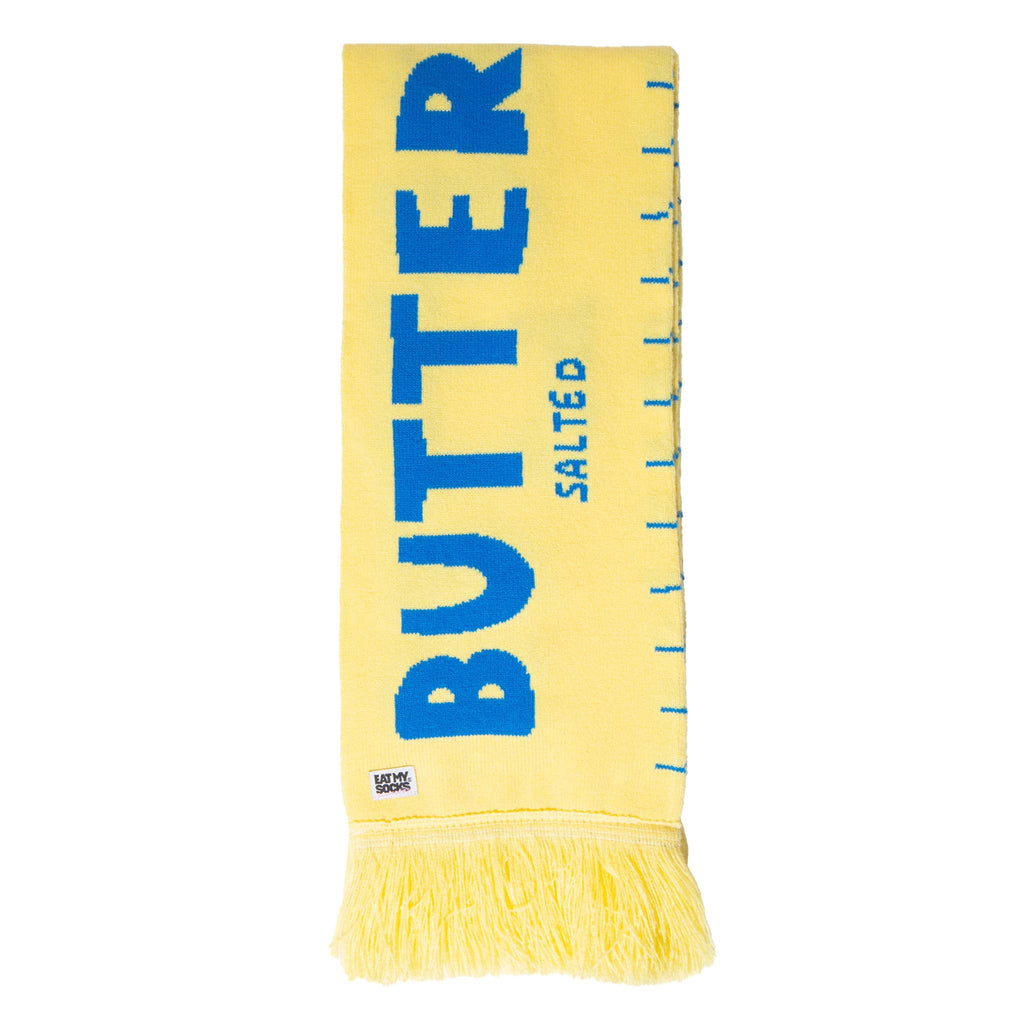 Yellow scarf with blue text on a white background.