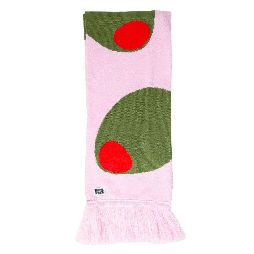 Pink scarf with green olives and red centers on a white background.