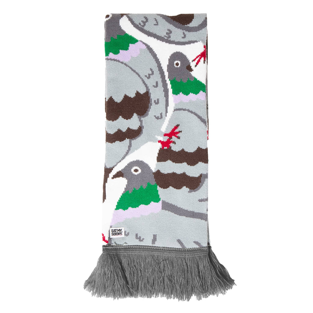 Gray scarf with pigeon pattern on a white background.