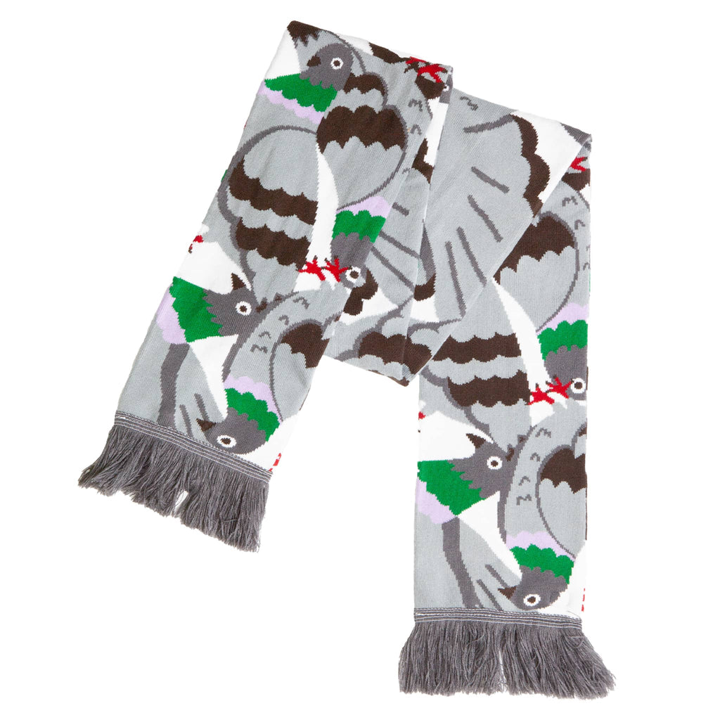 Gray scarf with pigeon pattern on a white background.