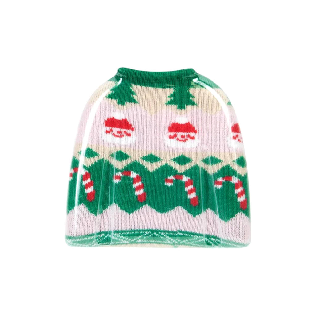 Christmas-themed socks in sweater mold packaging.