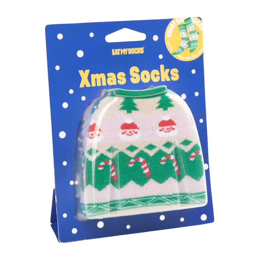 Packaged Christmas-themed socks with a blue background and 'Eat My Socks' branding.