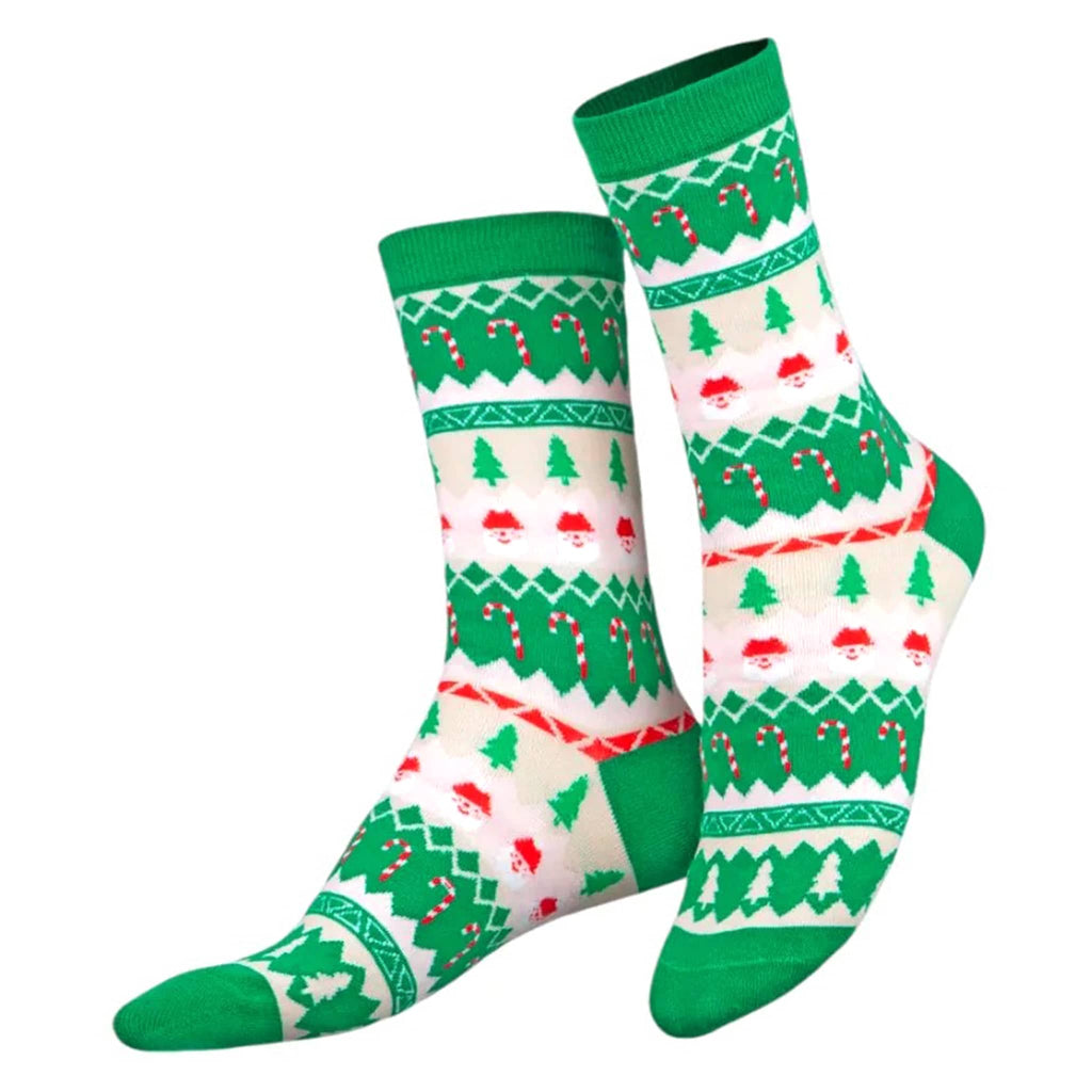 Christmas-themed socks with green, red, and white patterns on a white background.