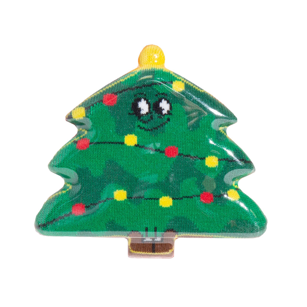Packaged Christmas tree-themed socks in tree shaped packaging, on a white background.