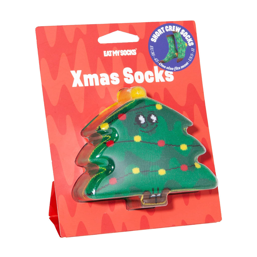 Packaged Christmas tree-themed socks in red packaging, on a white background.