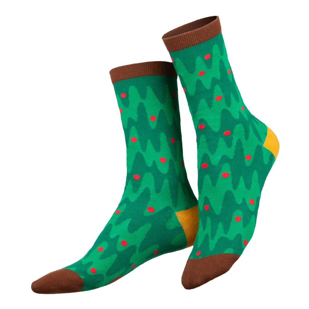 Christmas tree themed green crew socks with red polka dots and brown accents on a white background.