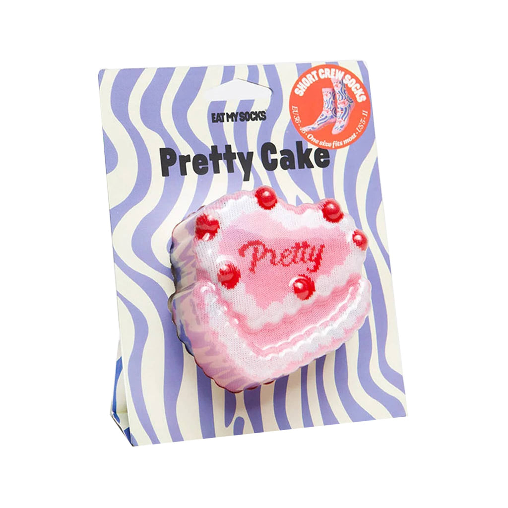 DOIY Eat My Socks pretty cake short crew unisex socks rolled in packaging that makes them look like a heart-shaped cake.