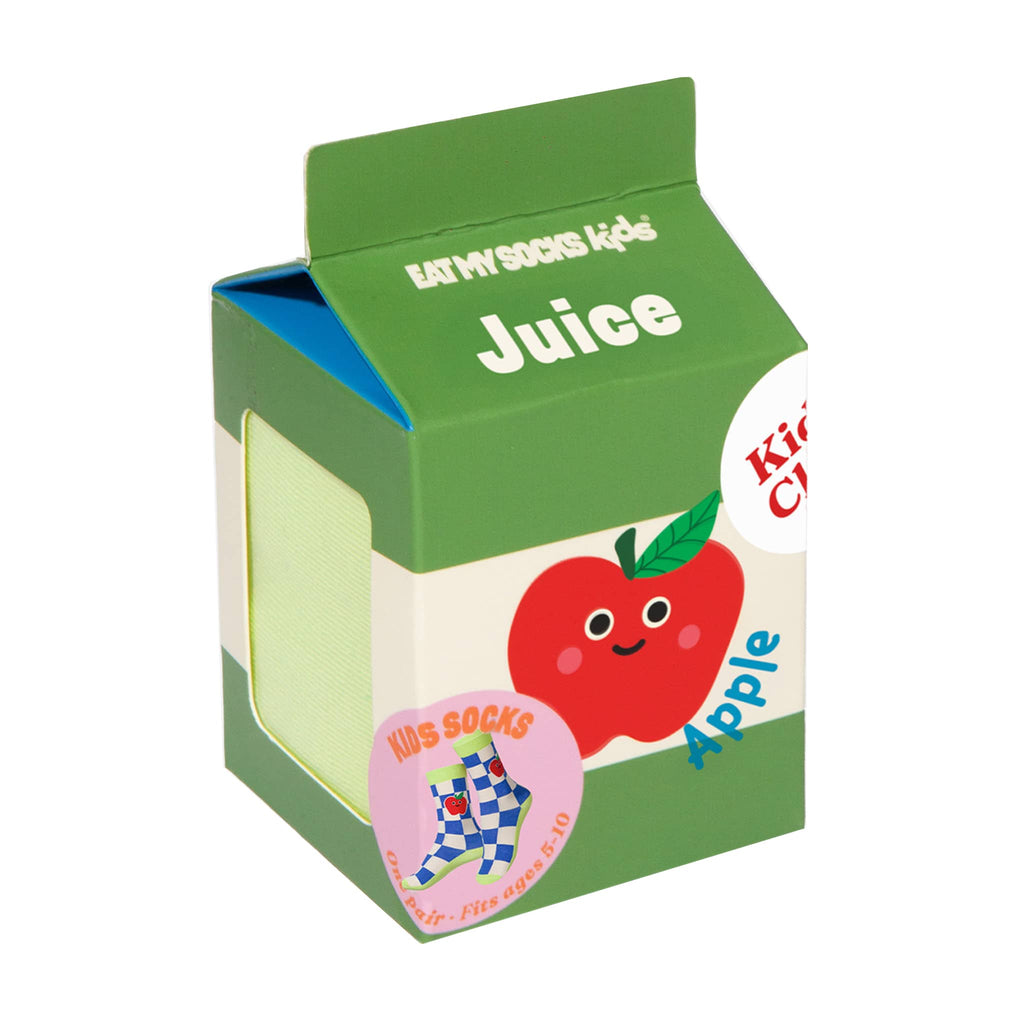 DOIY Eat My Socks kids crew socks in green apple juice carton packaging on a white background.