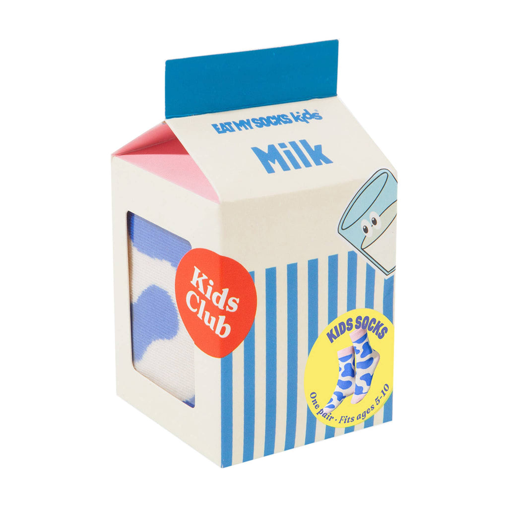 DOIY Eat My Socks kids crew socks in milk carton carton packaging on a white background.