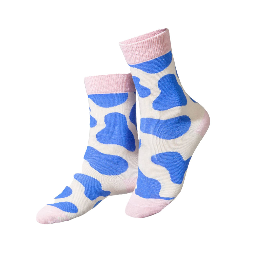 Pair of kids crewsocks with blue and pink pattern on a white background.