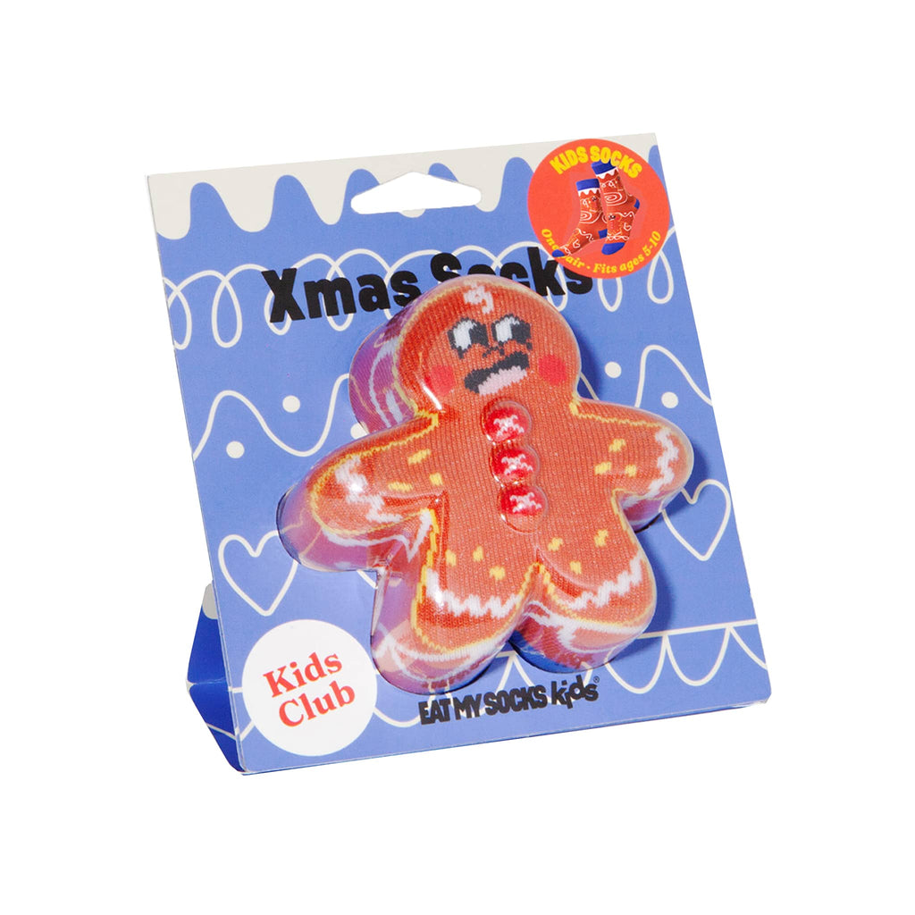 Packaged gingerbread man sock with 'Kids Club' branding on a white background.