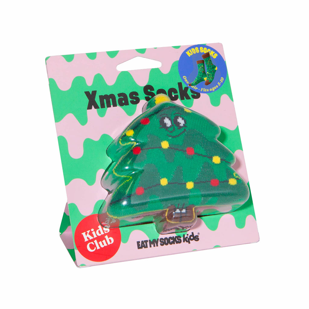Christmas-themed kids crew socks with a tree design in pink and green packaging, on a white background.