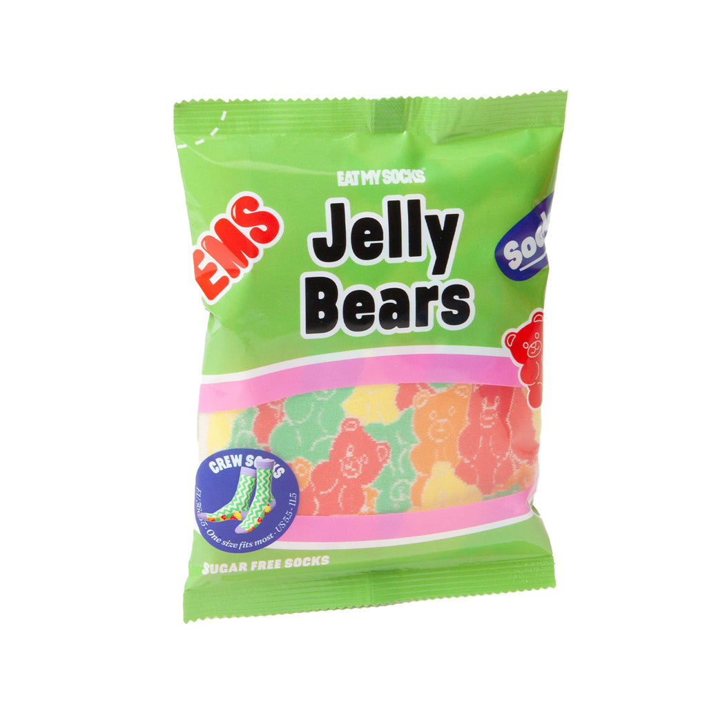 Jelly Bears themed socks in green packaging with colorful jelly bear illustrations on a white background.