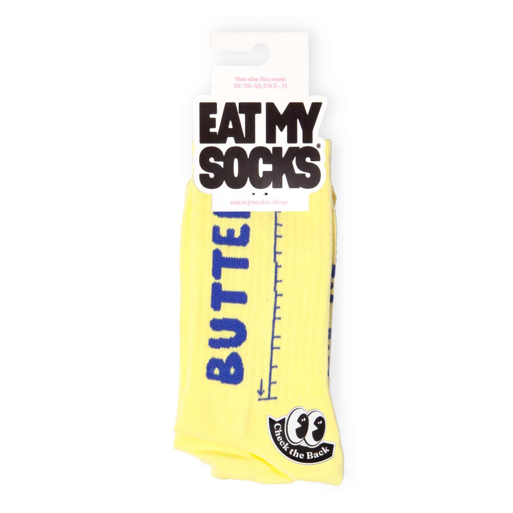 Packaged yellow socks with 'Butter' text on a white background.