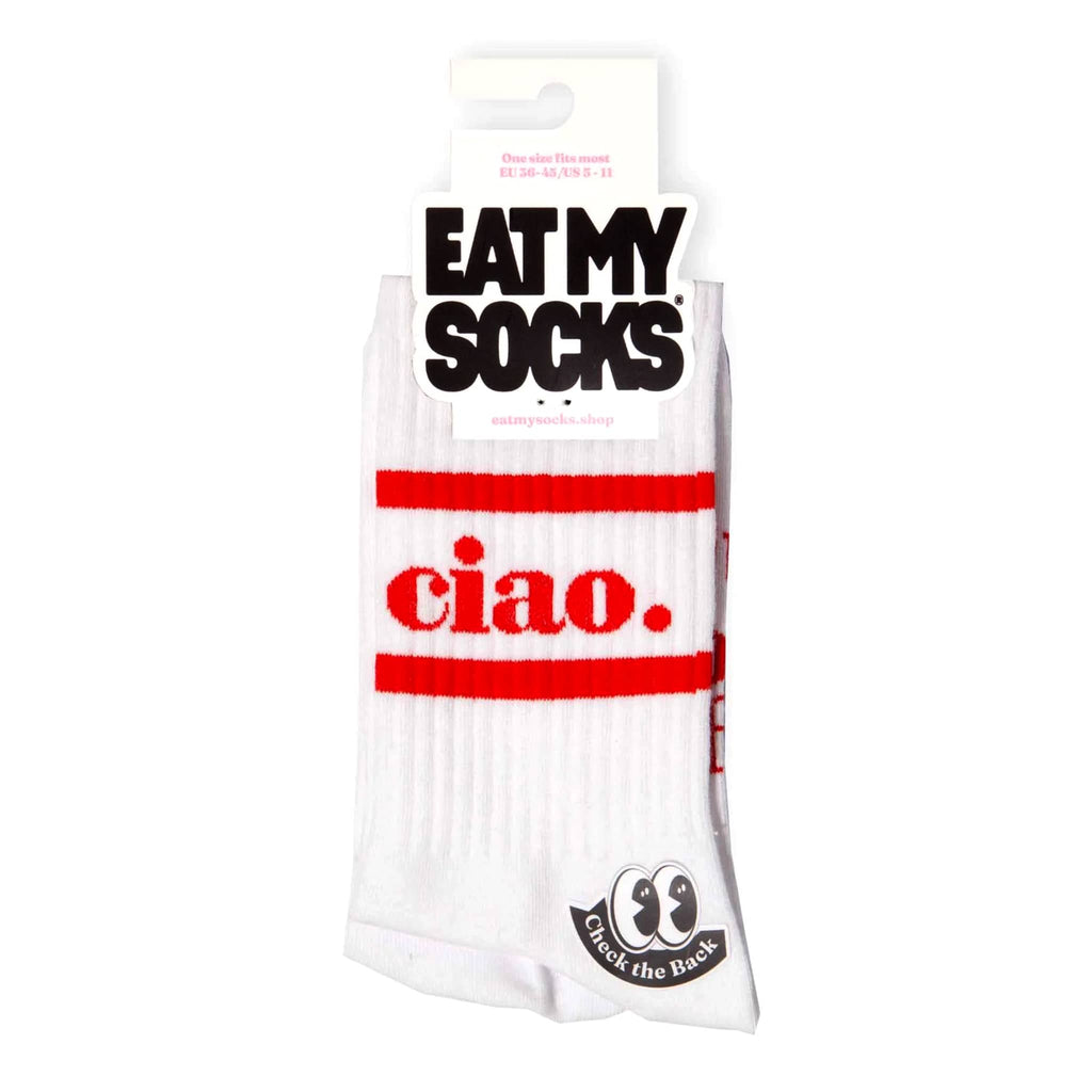 Pack of socks with 'Eat My Socks' packaging and 'ciao.' in red text on a white background.