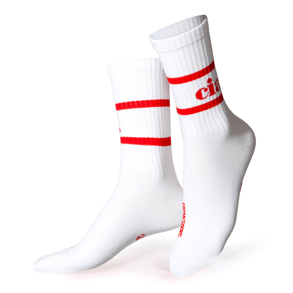 White crew socks with red stripes and "ciao" in red text, on a white background.