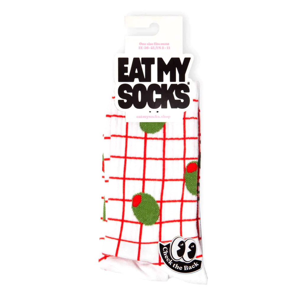 Packaged socks with red grid and green olive pattern and 'Eat My Socks' text on a white background.
