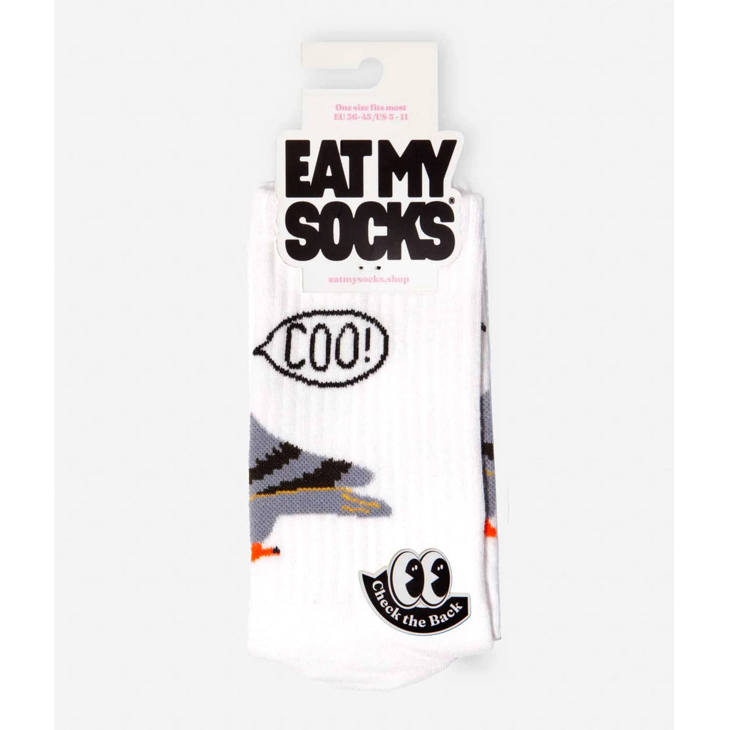 Packaged socks with 'Eat My Socks' text and pigeon design on a white background.