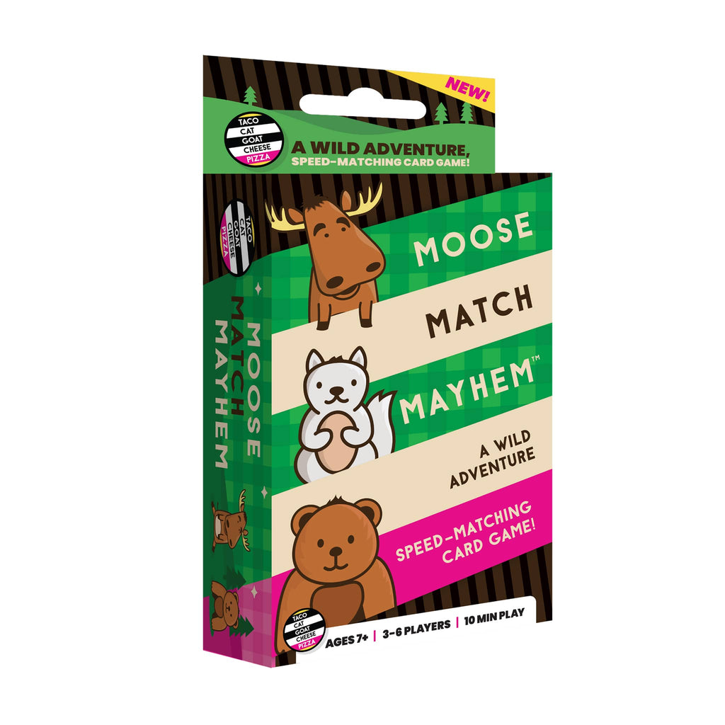 Dolphin Hat Games Moose Match Mayhem speed-matching kids card game in box packaging, front angle.