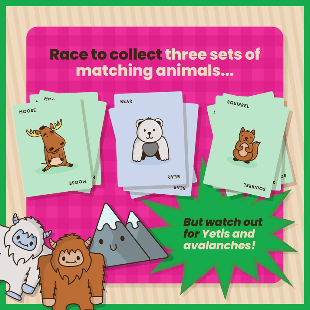 Dolphin Hat Games Moose Match Mayhem speed-matching kids card game description with sample cards.