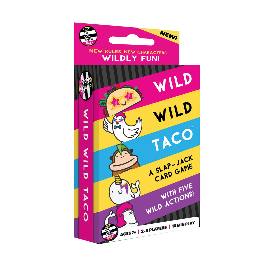 Dolphin Hat Games Wild Wild Taco slap-jack card game in box packaging, front angle.