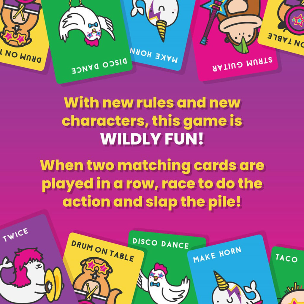 Dolphin Hat Games Wild Wild Taco slap-jack card game description with sample cards.