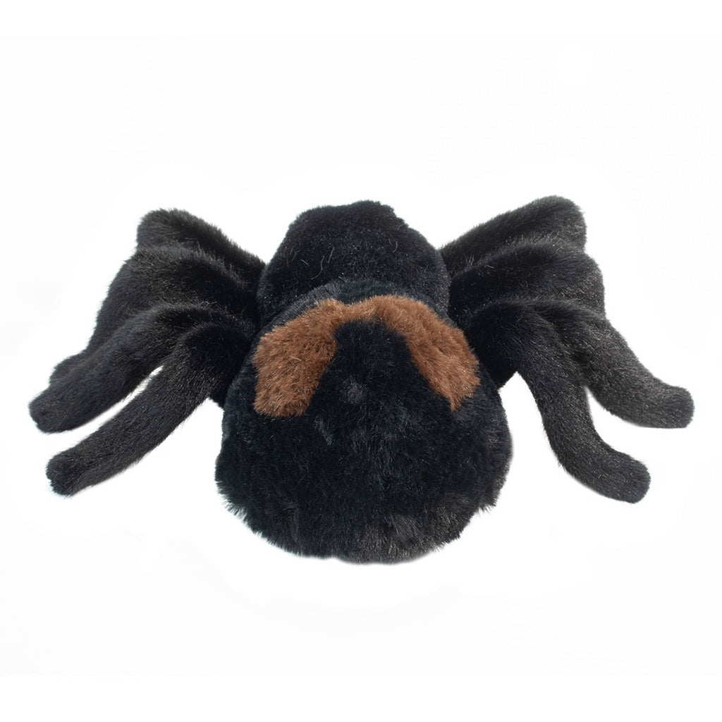Plush spider toy with black and brown colors, back view, on a white background.