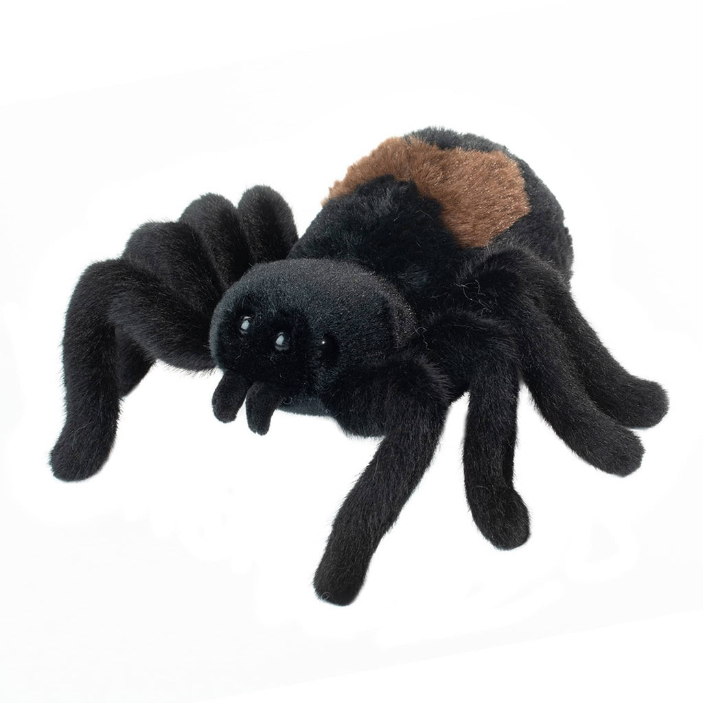 Plush spider toy with black and brown colors, front angle view, on a white background.