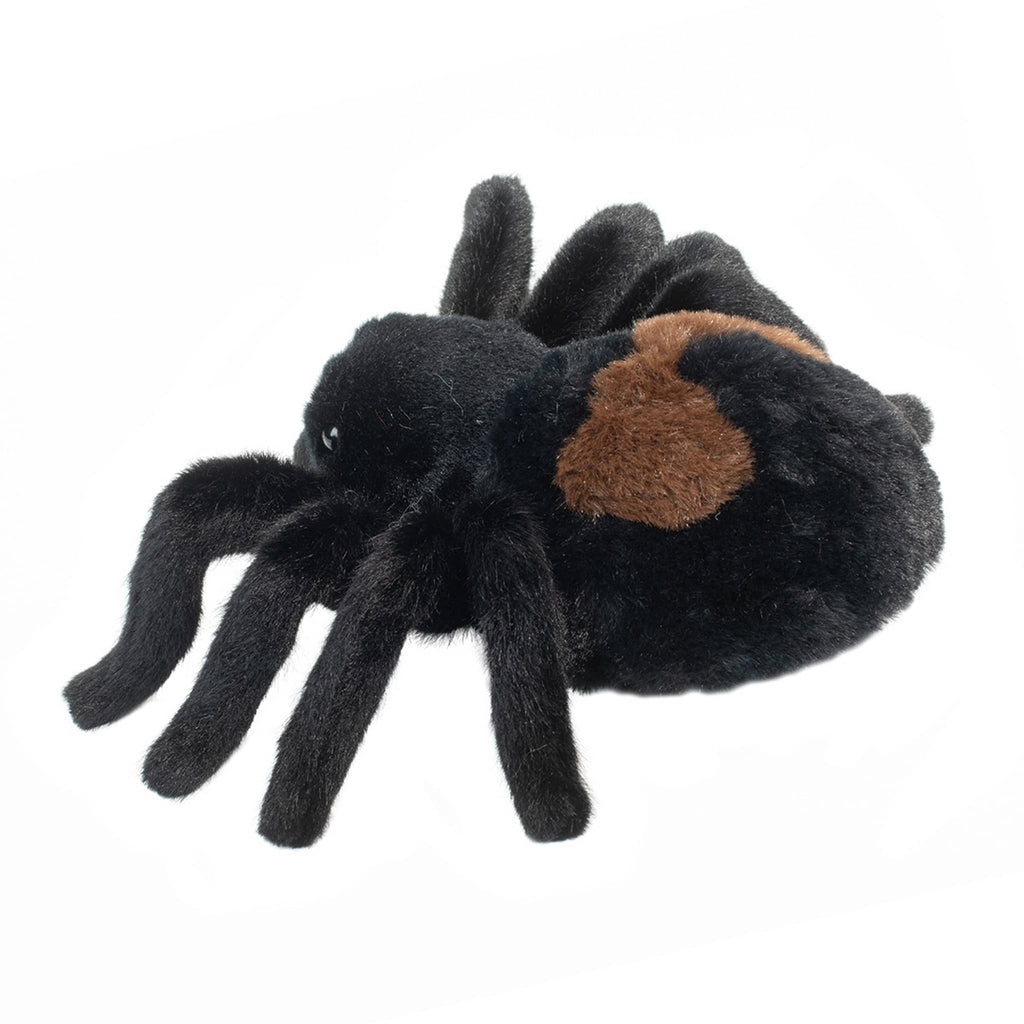 Plush spider toy with black and brown colors, side view, on a white background.