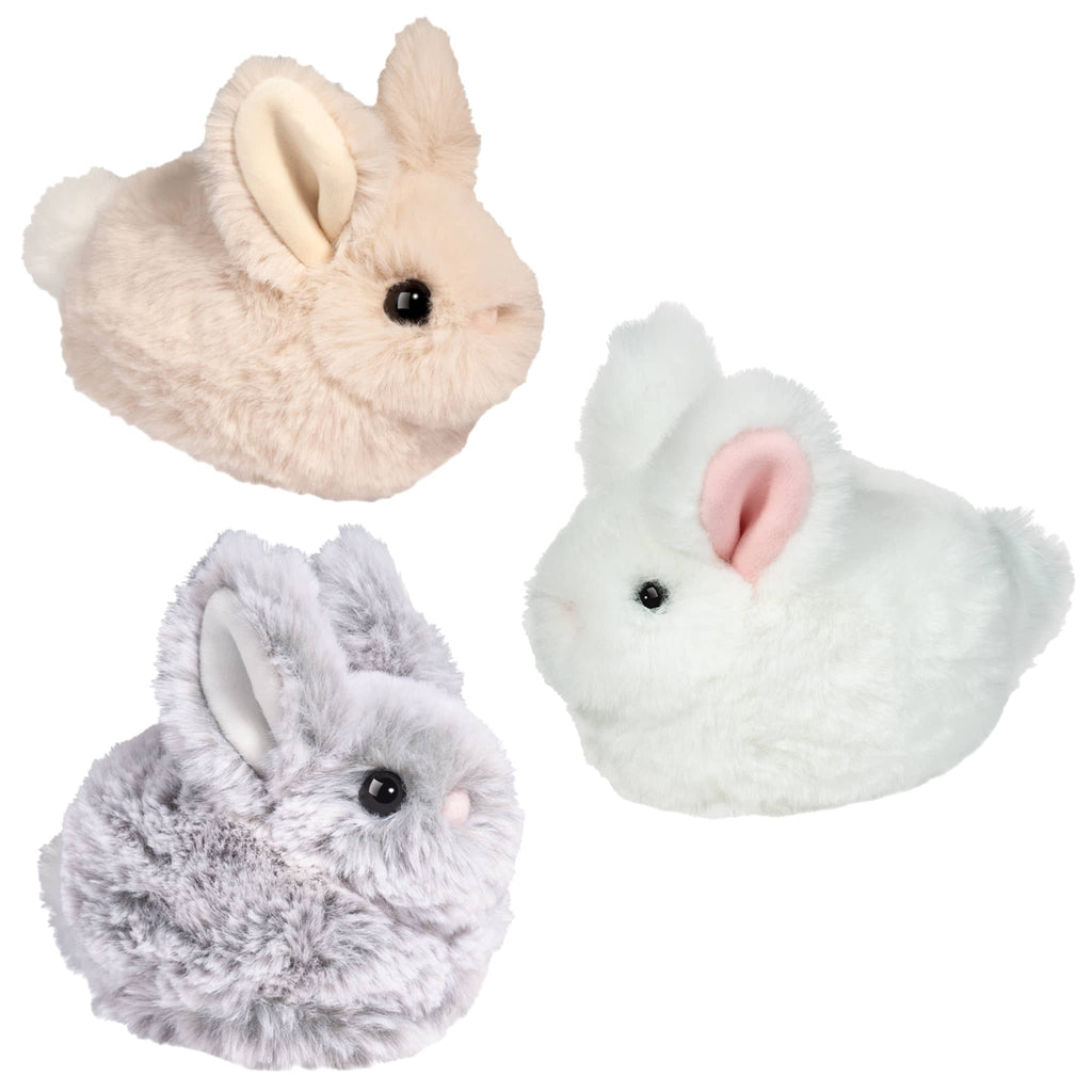 Douglas Lil' Bitty Bunnies plush toys in beige, white and gray.