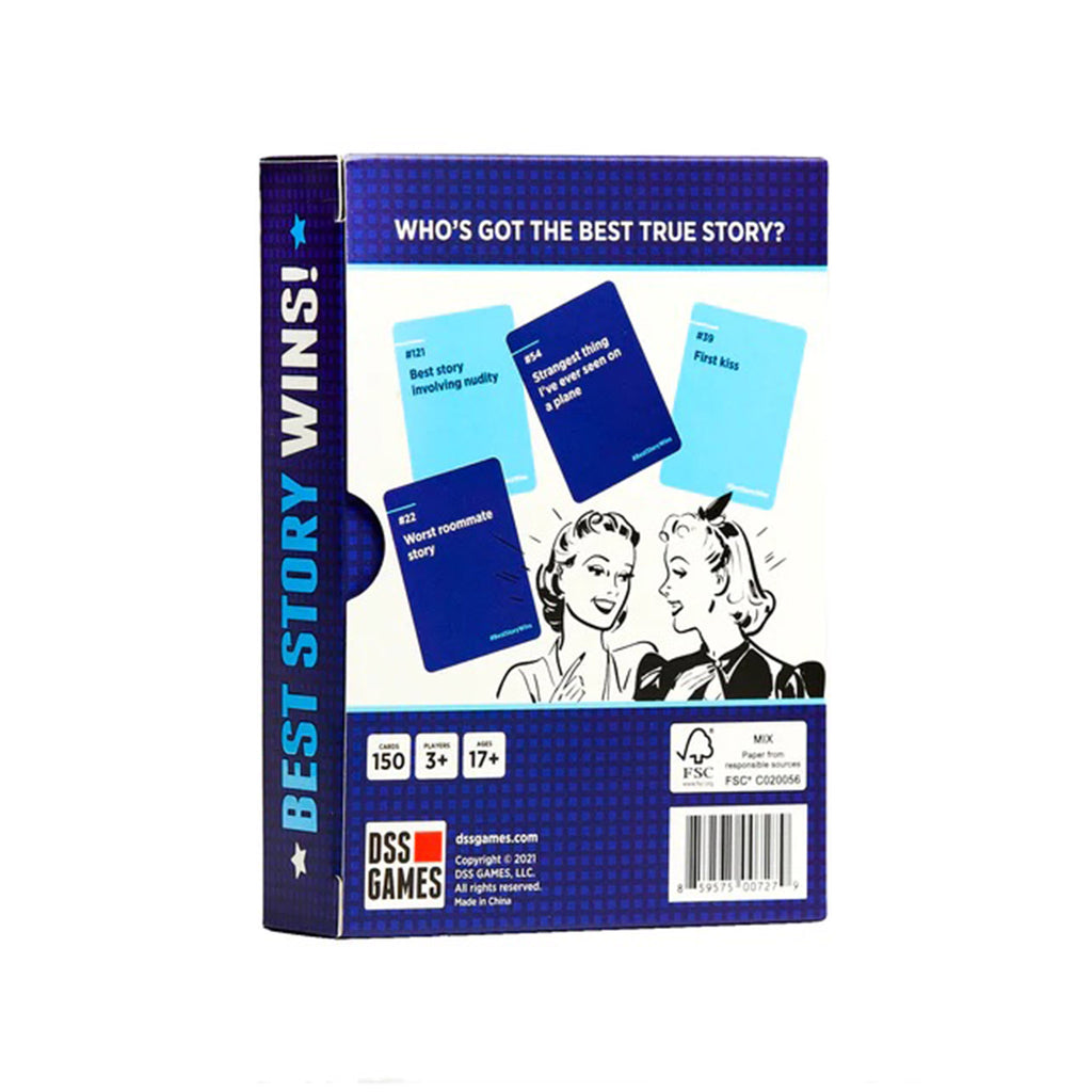 DSS Games Best Story Wins! A Party Game in blue box packaging, back view with sample cards and game info.