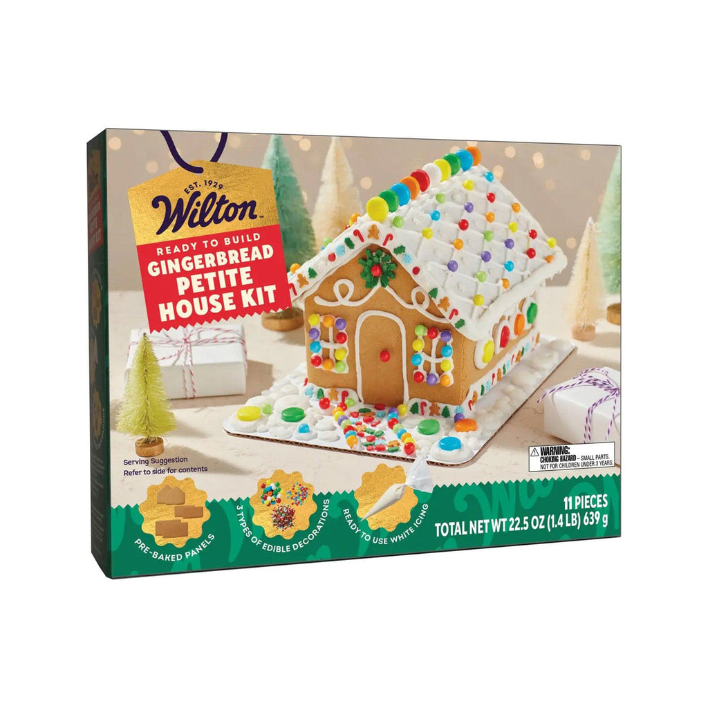 Wilton ready to build petite gingerbread house kit in box packaging, front angle.