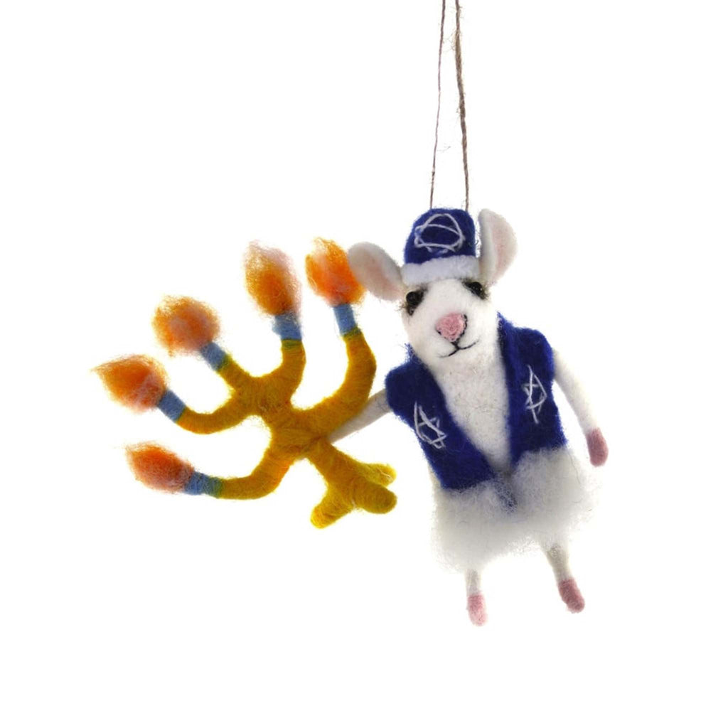 Cody Foster Happy Hanukkah felt mouse holiday ornament in blue vest and hat holding a menorah.