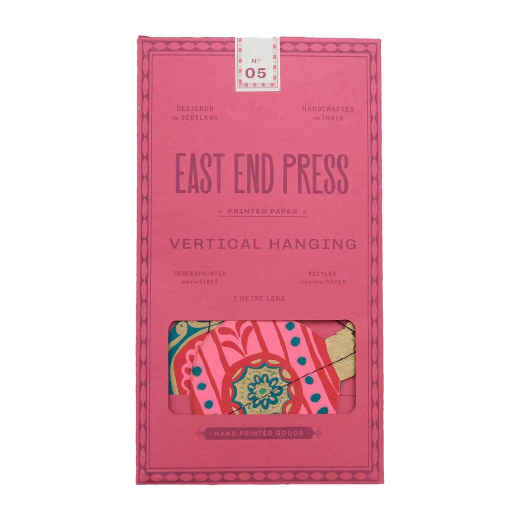 Pink packaging of East End Press colorful decorative paper hanging bauble ornaments garland, on a white background.