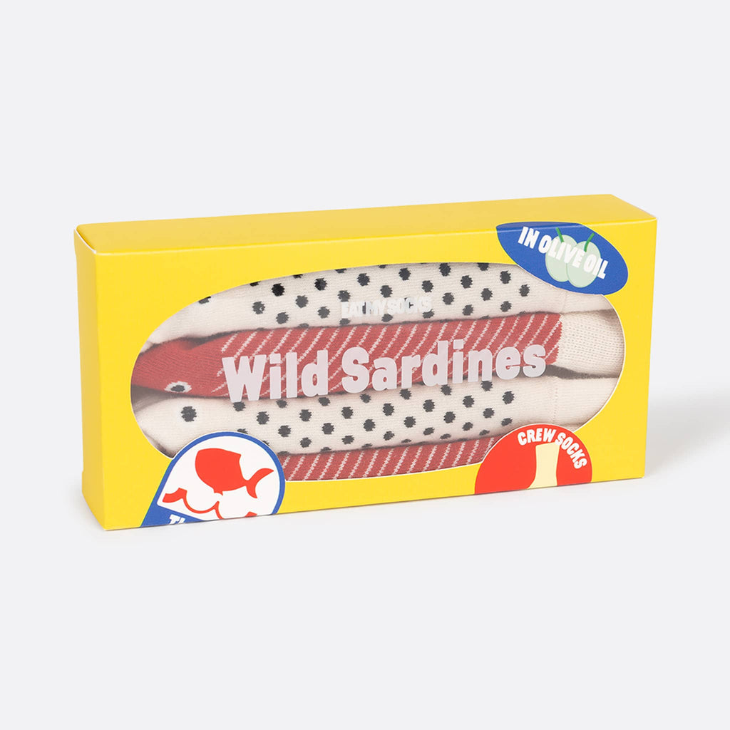 DOIY Eat My Socks Wild Sardines unisex crew socks in yellow box packaging, rolled to look like sardines.