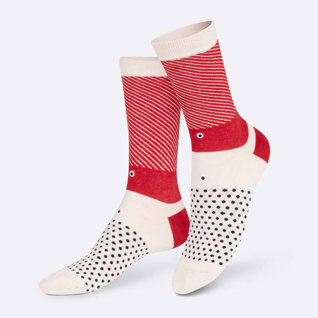 DOIY Eat My Socks Wild Sardines unisex crew socks in red, black and white print on foot forms.