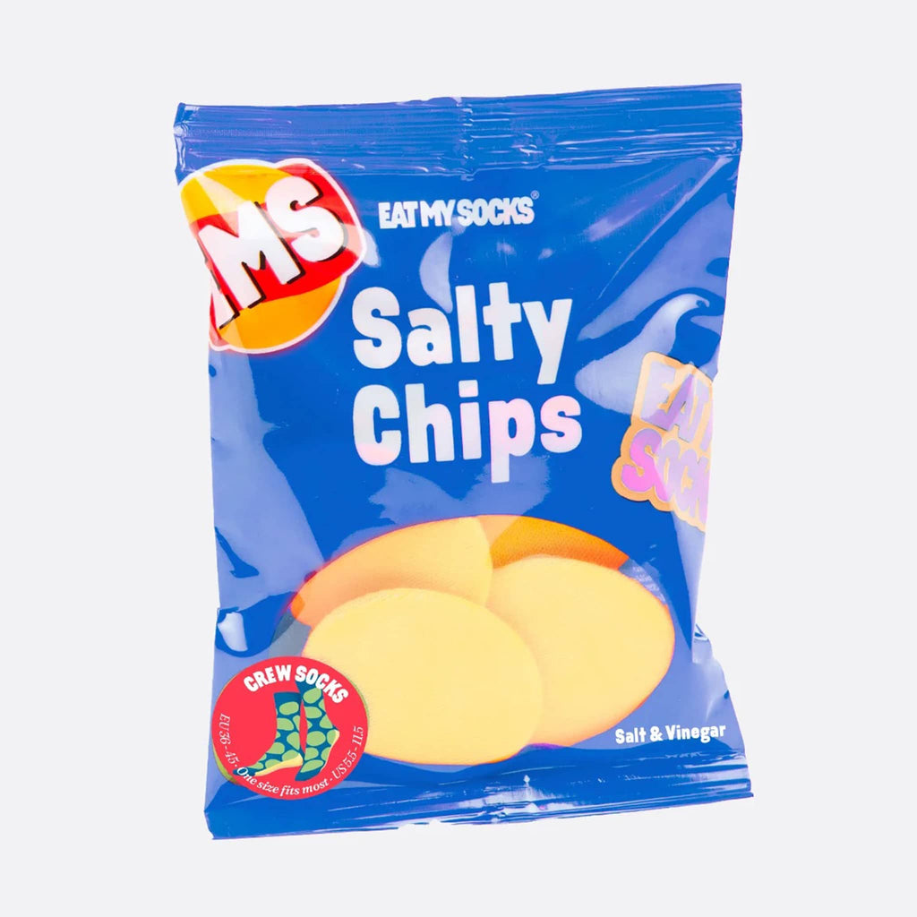 DOIY Eat My Socks Salty Chips unisex crew socks in blue bag packaging that looks like a bag of salt and vinegar potato chips.