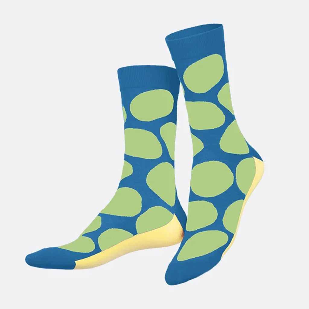 DOIY Eat My Socks Salty Chips unisex crew socks with yellow, green and blue pattern on foot forms.