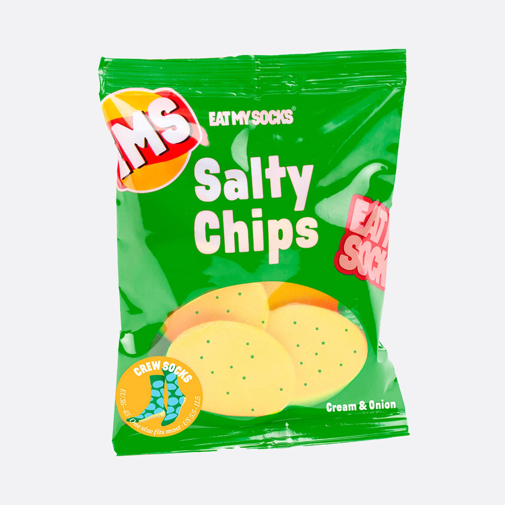 DOIY Eat My Socks Salty Chips unisex crew socks in green bag packaging that looks like a bag of sour cream and onion potato chips.