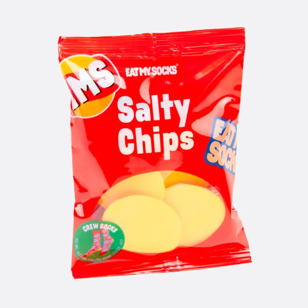 DOIY Eat My Socks Salty Chips unisex crew socks in red bag packaging that looks like a bag of yellow potato chips.