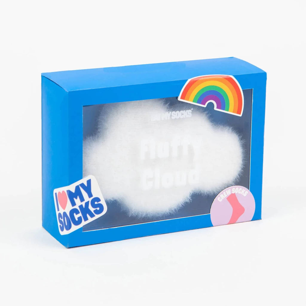 DOIY Eat My Socks Fluffy Cloud unisex crew socks shaped to look like a white fluffy cloud in blue box packaging.